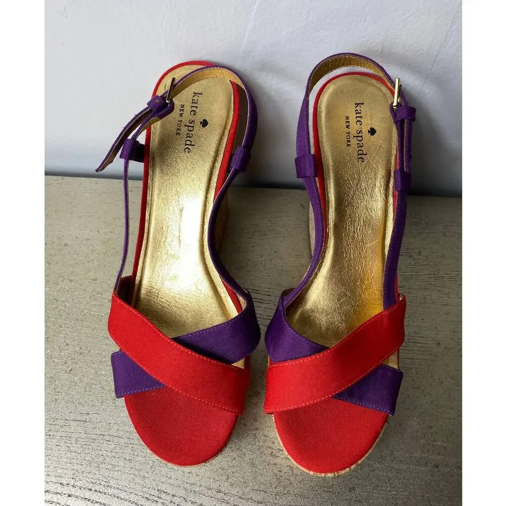 KATE SPADE SANDALS 10 PENNY PLATFORM CHUNKY CORK WEDGE HEELS STRAPPY RED PURPLE
